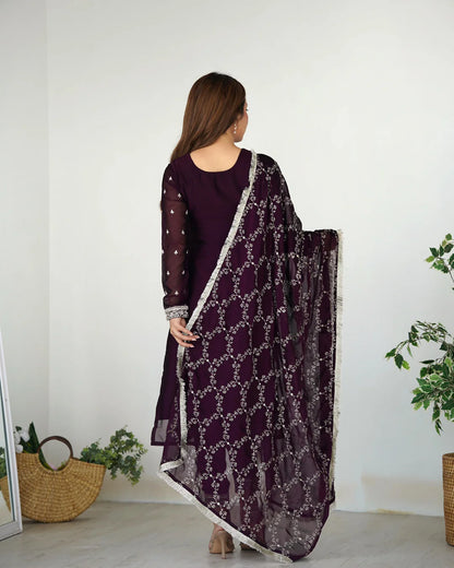 WINE COLOR RANGOLI SILK THREE PIECE KURTI SUIT