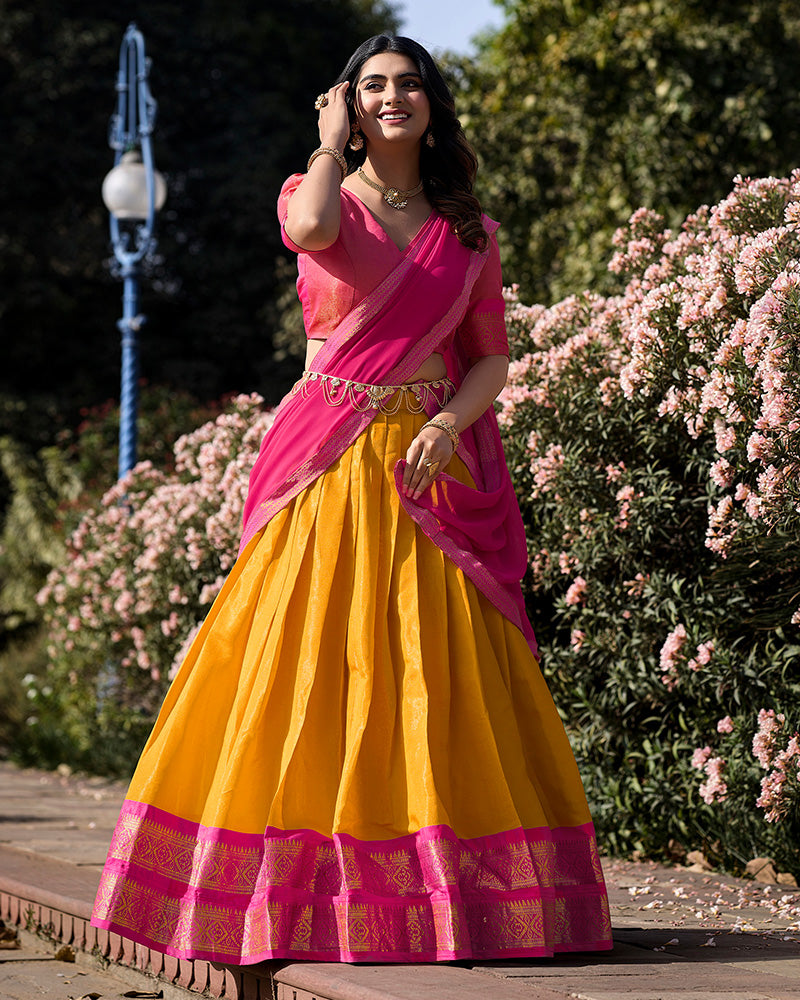 MUSTARD KANCHIPURAM SILK DESIGNER HALF SAREE