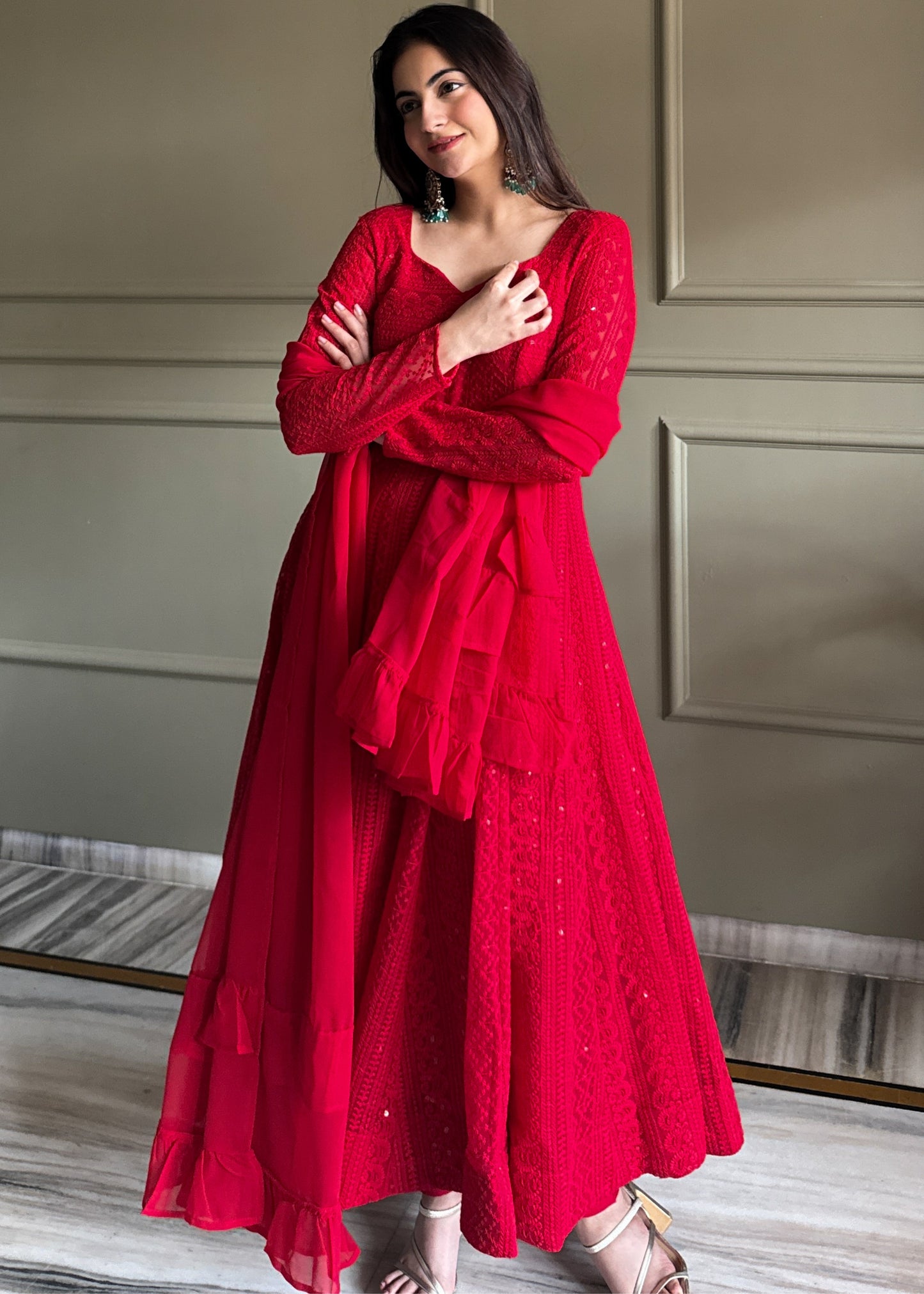 REGAL RED PARTYWEAR LUCKNOWI ANARKALI GOWN SET