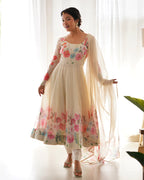 OFF WHITE FLORAL PRINT ORGANZA THREE PIECE ANARKALI SUIT