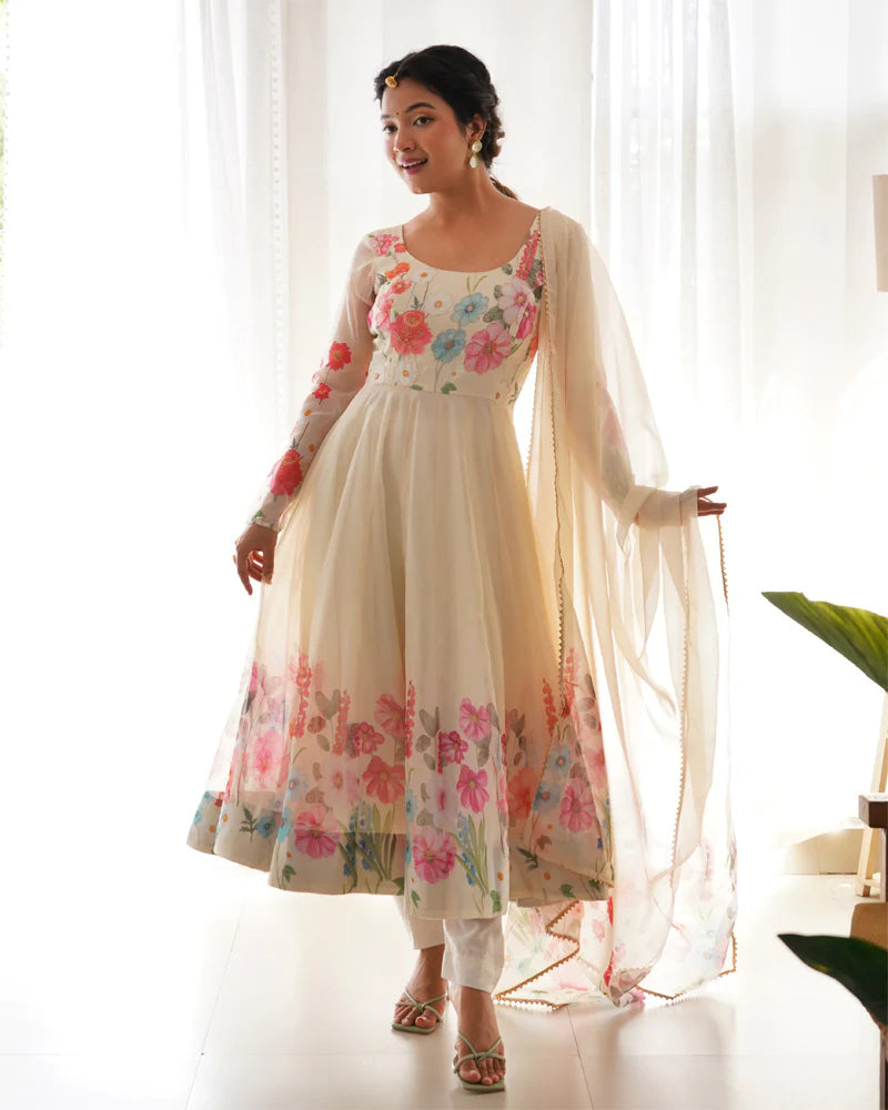 OFF WHITE FLORAL PRINT ORGANZA THREE PIECE ANARKALI SUIT