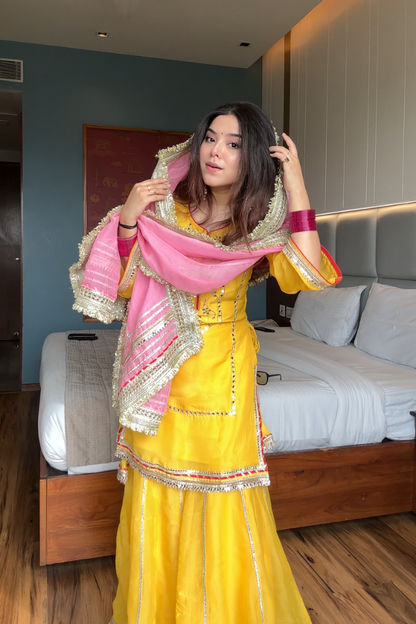 MOST TRENDING YELLOW COLOR EMBROIDERY SEQUENCE WORK SHARARA SUIT SET OF 3