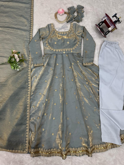 GRAY COLOR FANDY SILK BASE EMBROIDERED ANARKALI SUIT SET OF 3
