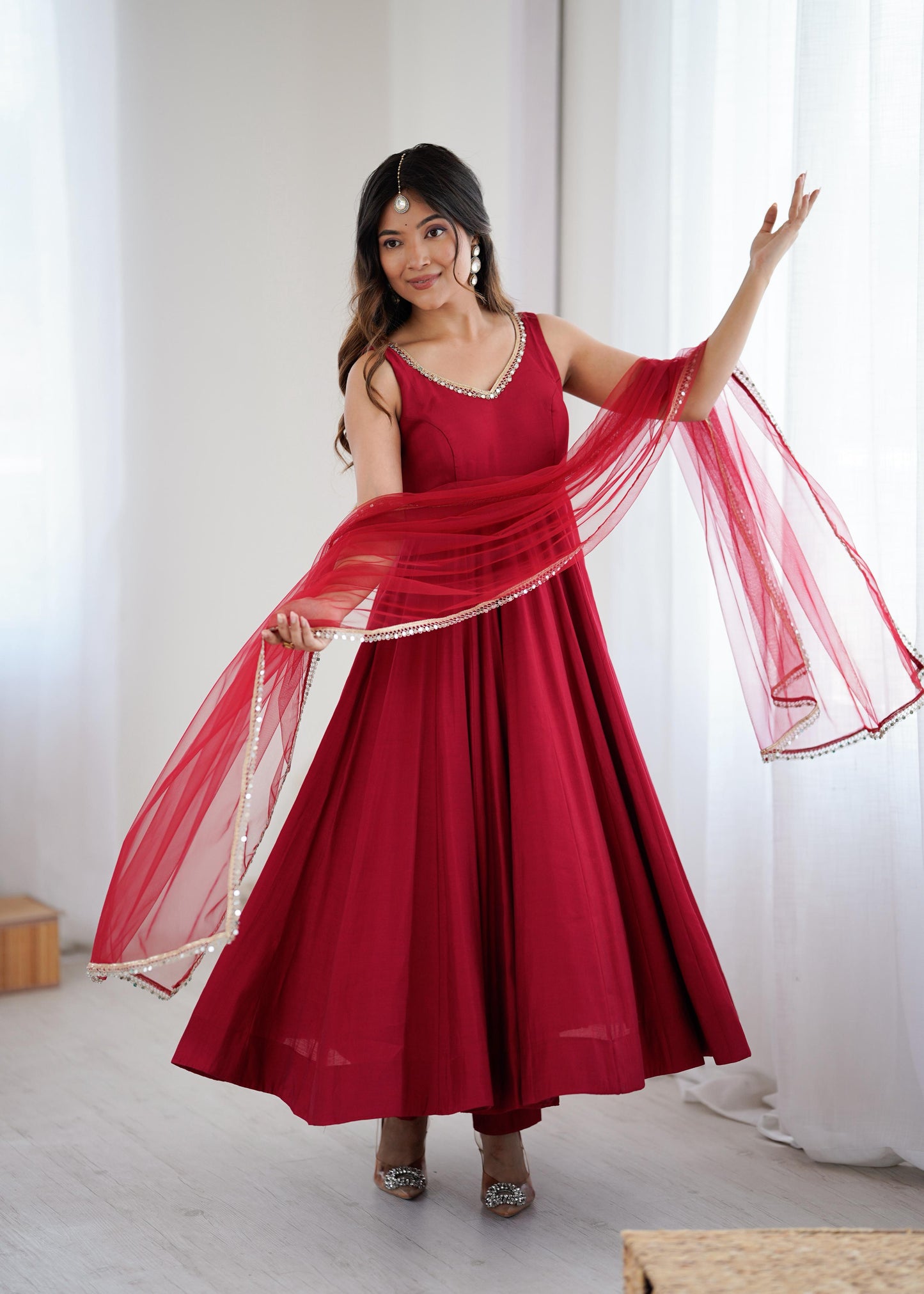 MAROON COLOR PURE ROMANSILK CHANDERI FABRIC BASE FULLY FLAIR ANARKALI SUIT SET OF 3
