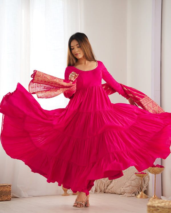 RANI PINK COLOR PURE ROMAN SILK RUFFLE STYLE ANARKALI SUIT SET OF 3