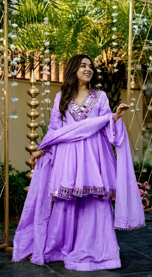 LAVENDER COLOR CHINON SILK BASE SHARARA SET