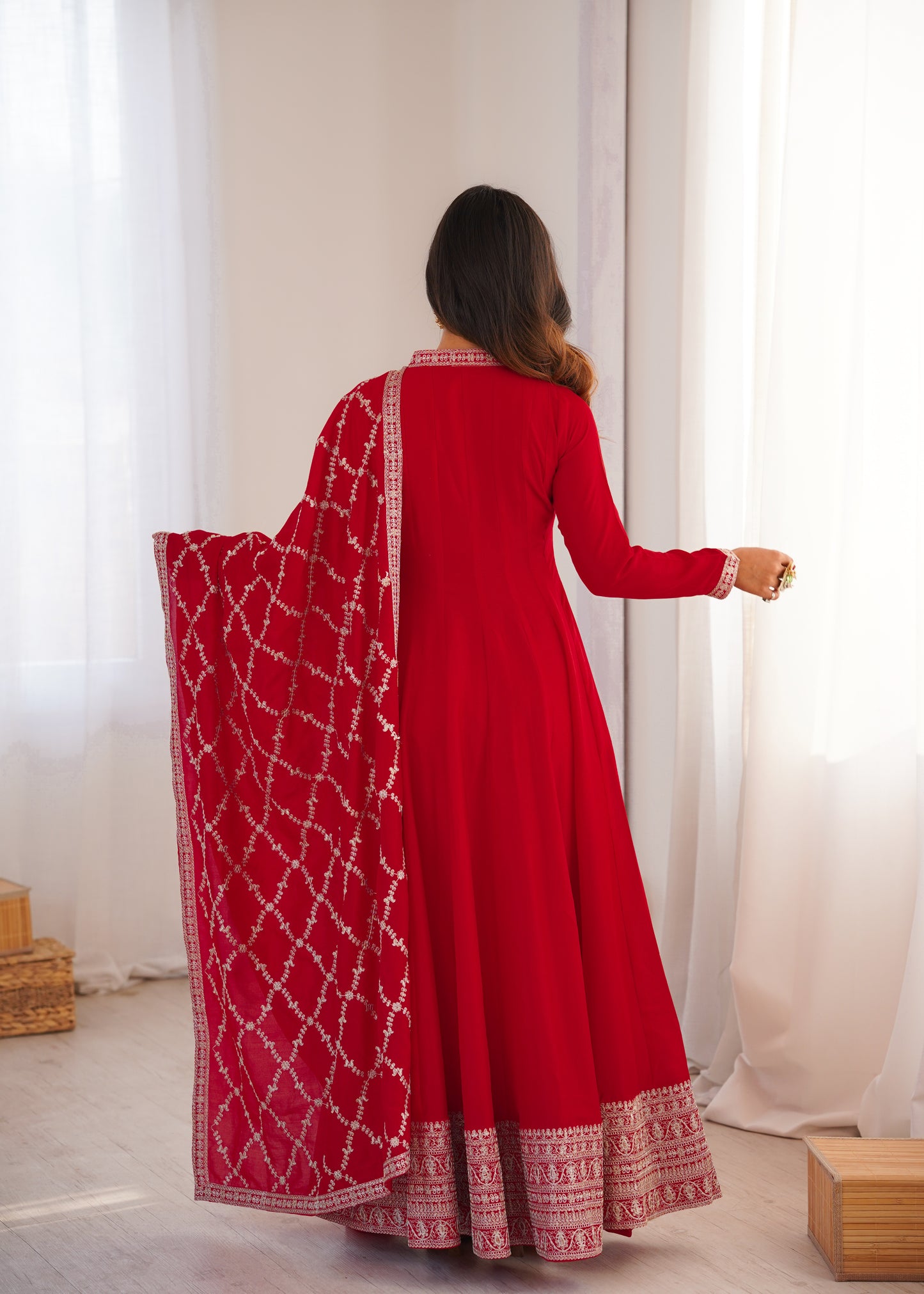 RED COLOR VICHITRA SILK EMBROIDERED GOWN