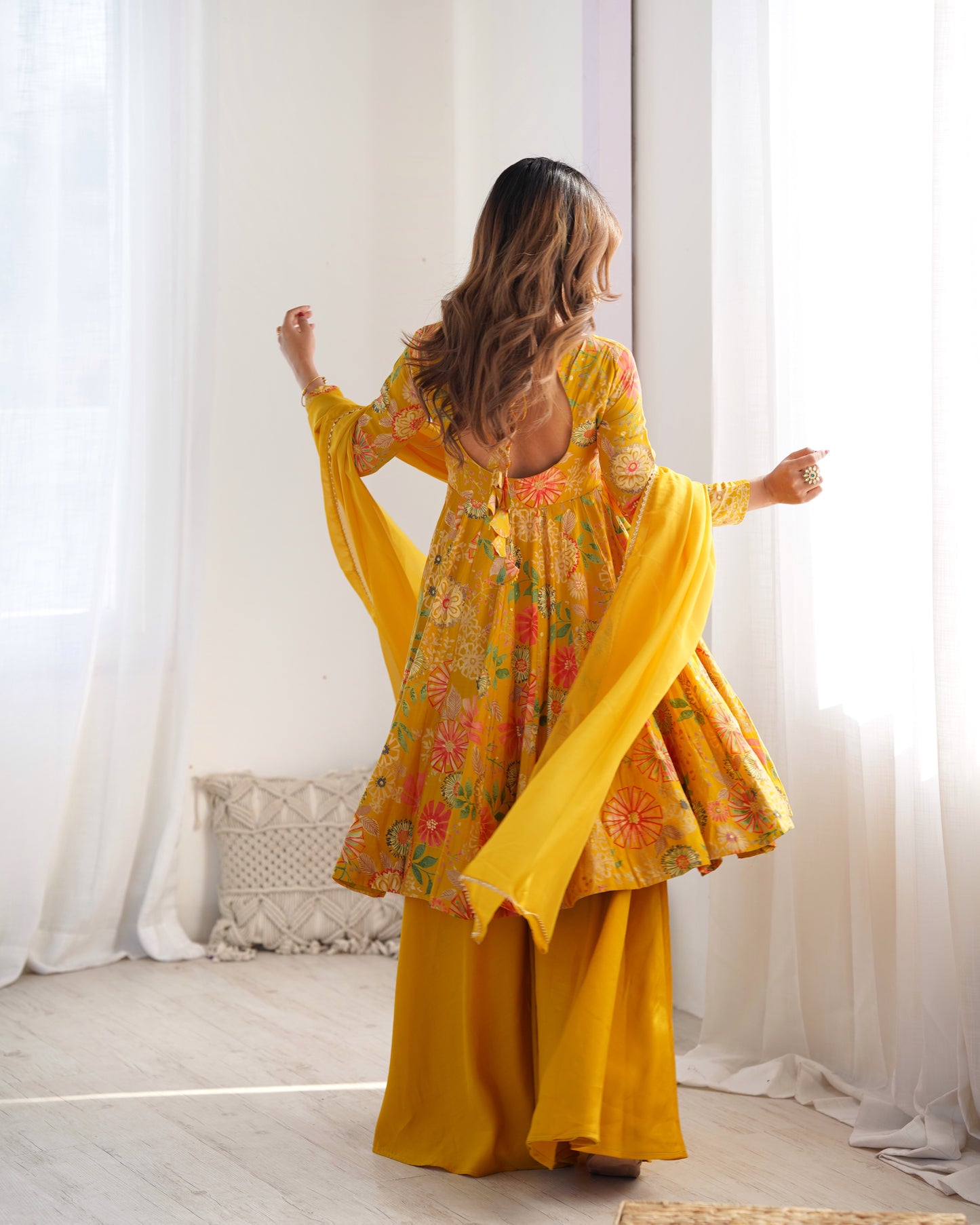 CANARY COLOR ROMAN SILK BASE PRINTED PLAZZO SUIT SET OF 3