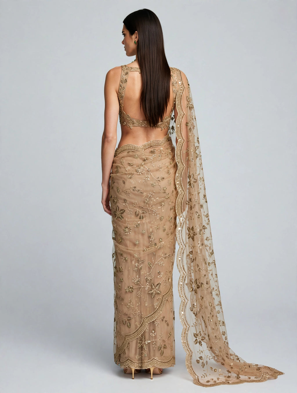 BEIGE EMBROIDERED DESIGNER NET SAREE