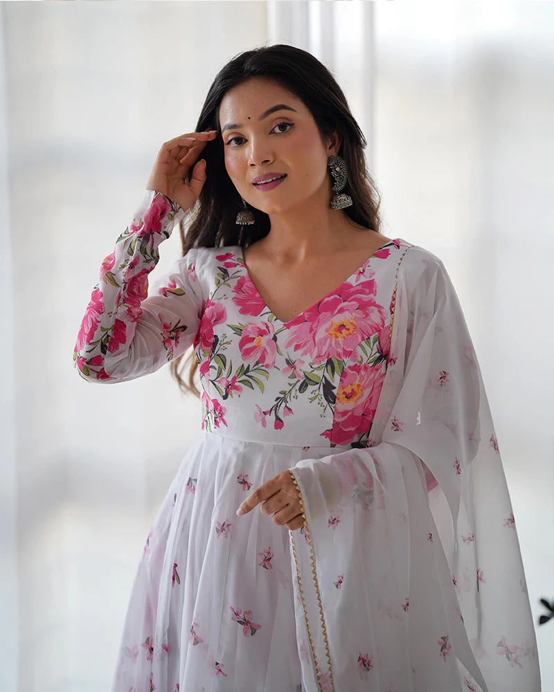 WHITE ORGANZA SILK FLORAL PRINT THREE PIECE ANARKALI SUIT