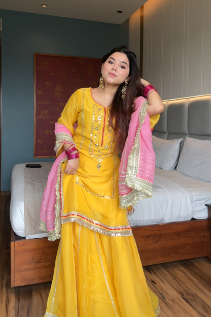 MOST TRENDING YELLOW COLOR EMBROIDERY SEQUENCE WORK SHARARA SUIT SET OF 3