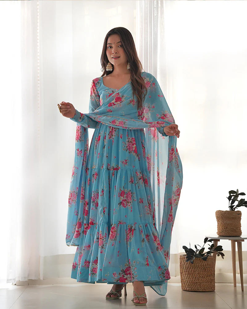 SKY BLUE COLOR GEORGETTE THREE LAYER RUFFLE STYLE ANARKALI SUIT