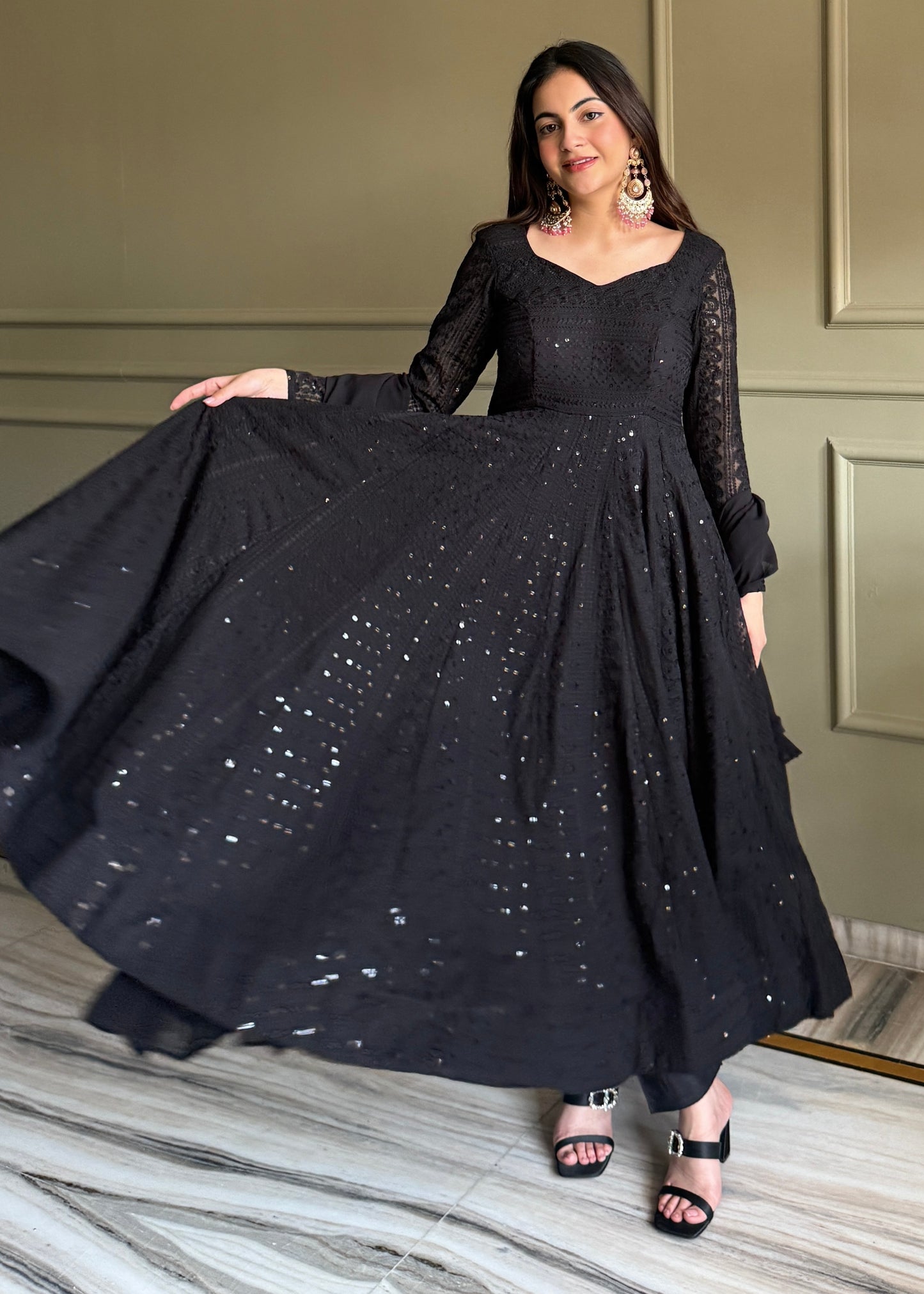 ROYAL BLACK LUCKNOWI GEORGETTE ANARKALI GOWN SET