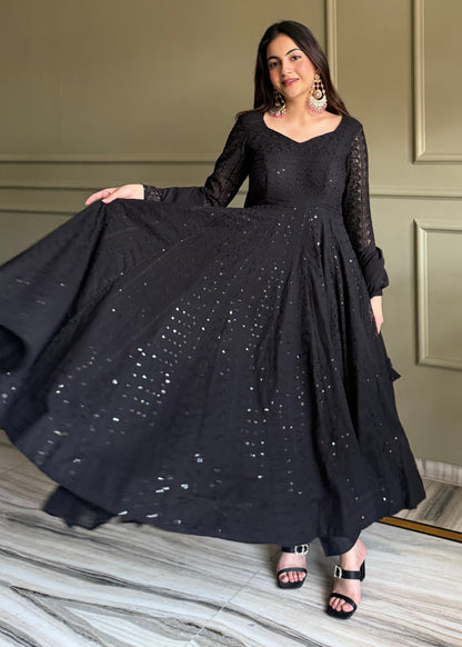 ROYAL BLACK LUCKNOWI GEORGETTE ANARKALI GOWN SET