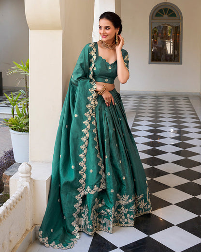 TEAL GREEN BLOOM EMBROIDERED GOLD CRUSH LEHENGA CHOLI