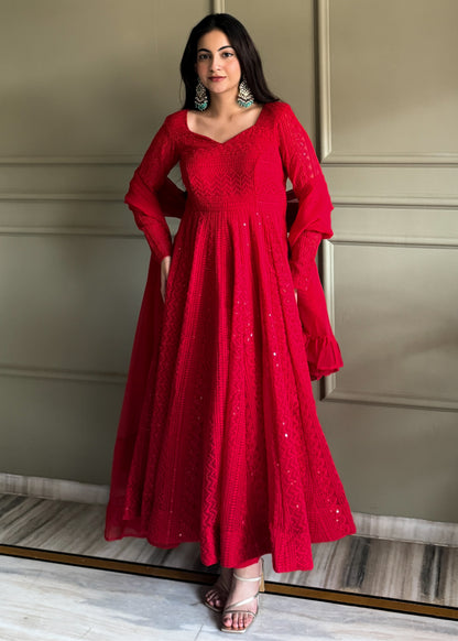 REGAL RED PARTYWEAR LUCKNOWI ANARKALI GOWN SET