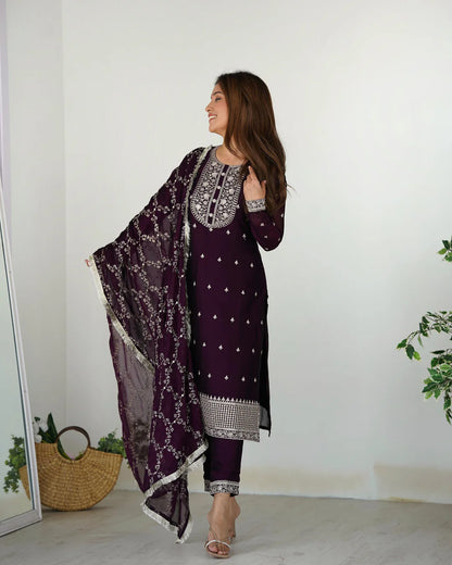 WINE COLOR RANGOLI SILK THREE PIECE KURTI SUIT