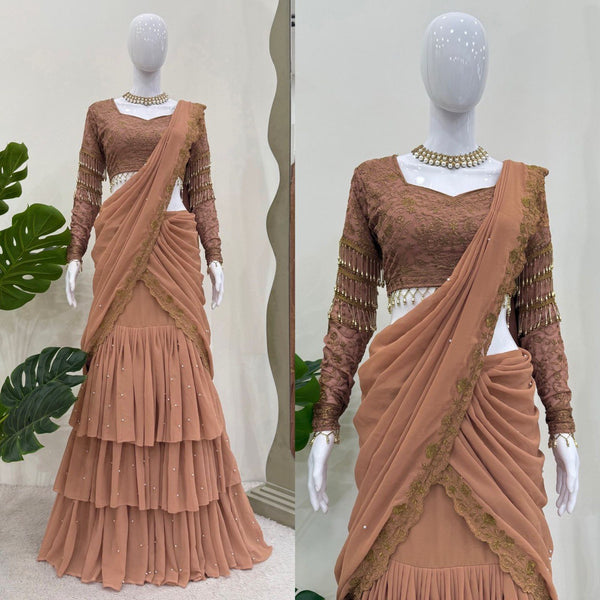 BROWN COLOR DESIGNER LOOK GEORGETTE BASE EMBROIDERED WORK LEHENGA SAREE