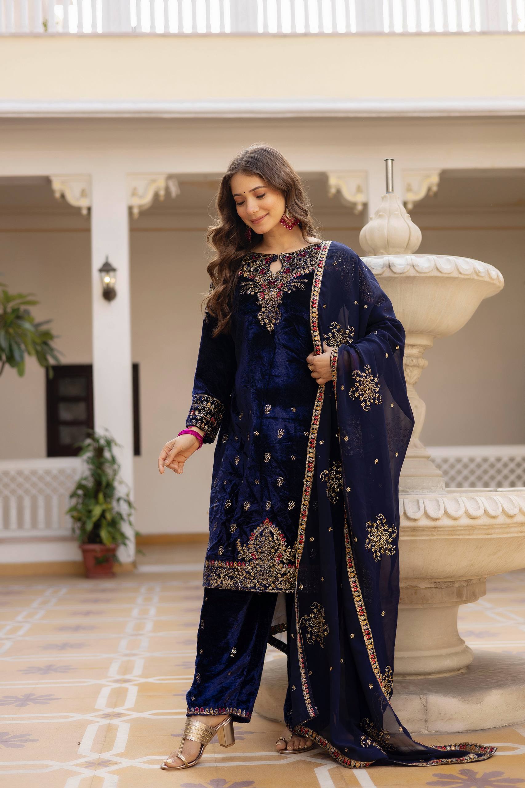 NAVY BLUE COLOR VELVET BASE EMBROIDERED SUIT SET OF 3