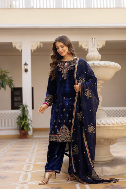 NAVY BLUE COLOR VELVET BASE EMBROIDERED SUIT SET OF 3