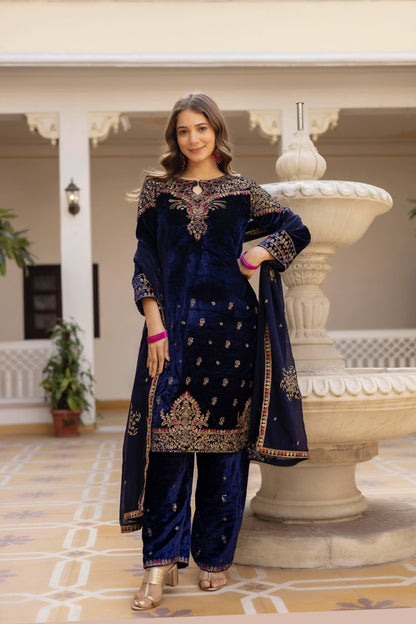 NAVY BLUE COLOR VELVET BASE EMBROIDERED SUIT SET OF 3