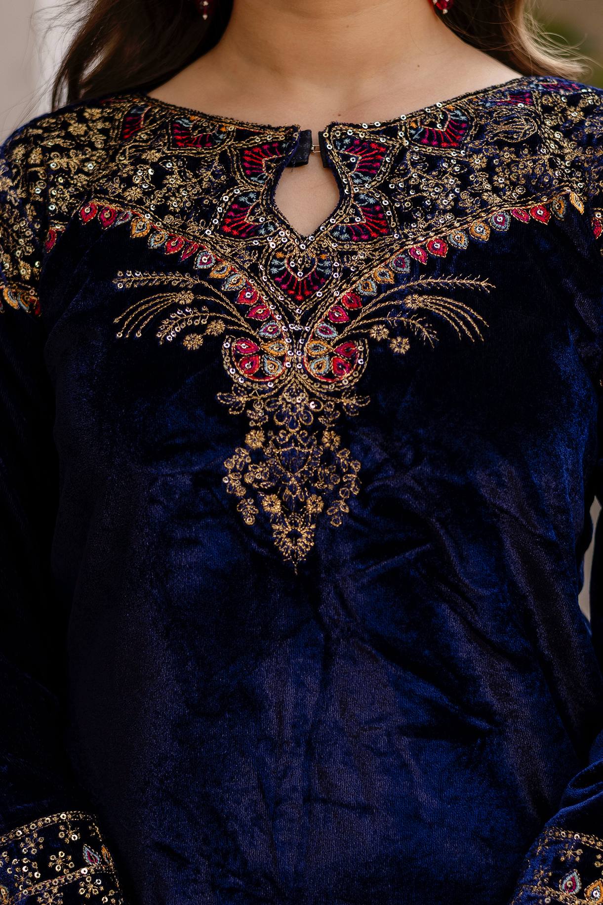 NAVY BLUE COLOR VELVET BASE EMBROIDERED SUIT SET OF 3