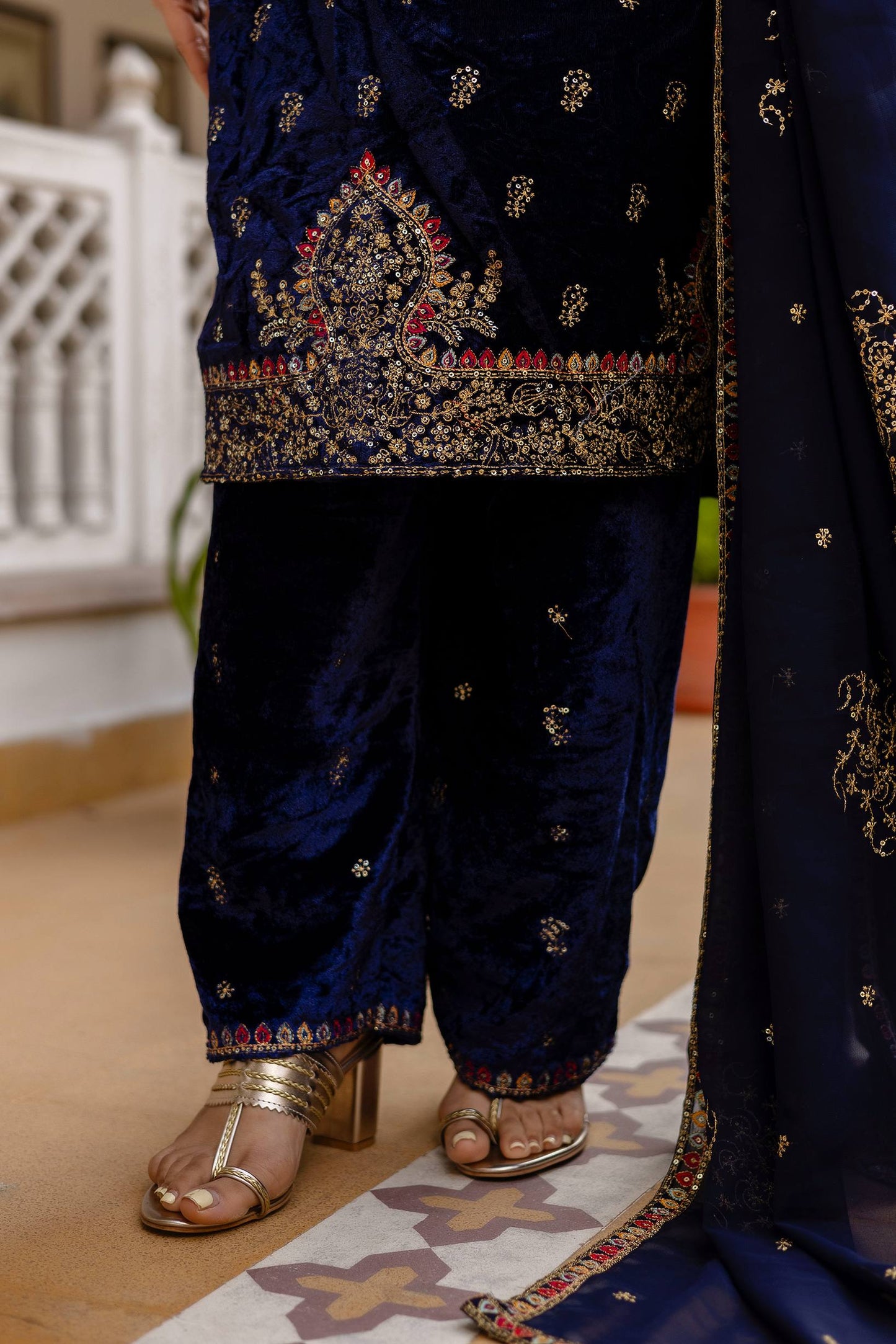 NAVY BLUE COLOR VELVET BASE EMBROIDERED SUIT SET OF 3