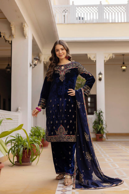 NAVY BLUE COLOR VELVET BASE EMBROIDERED SUIT SET OF 3