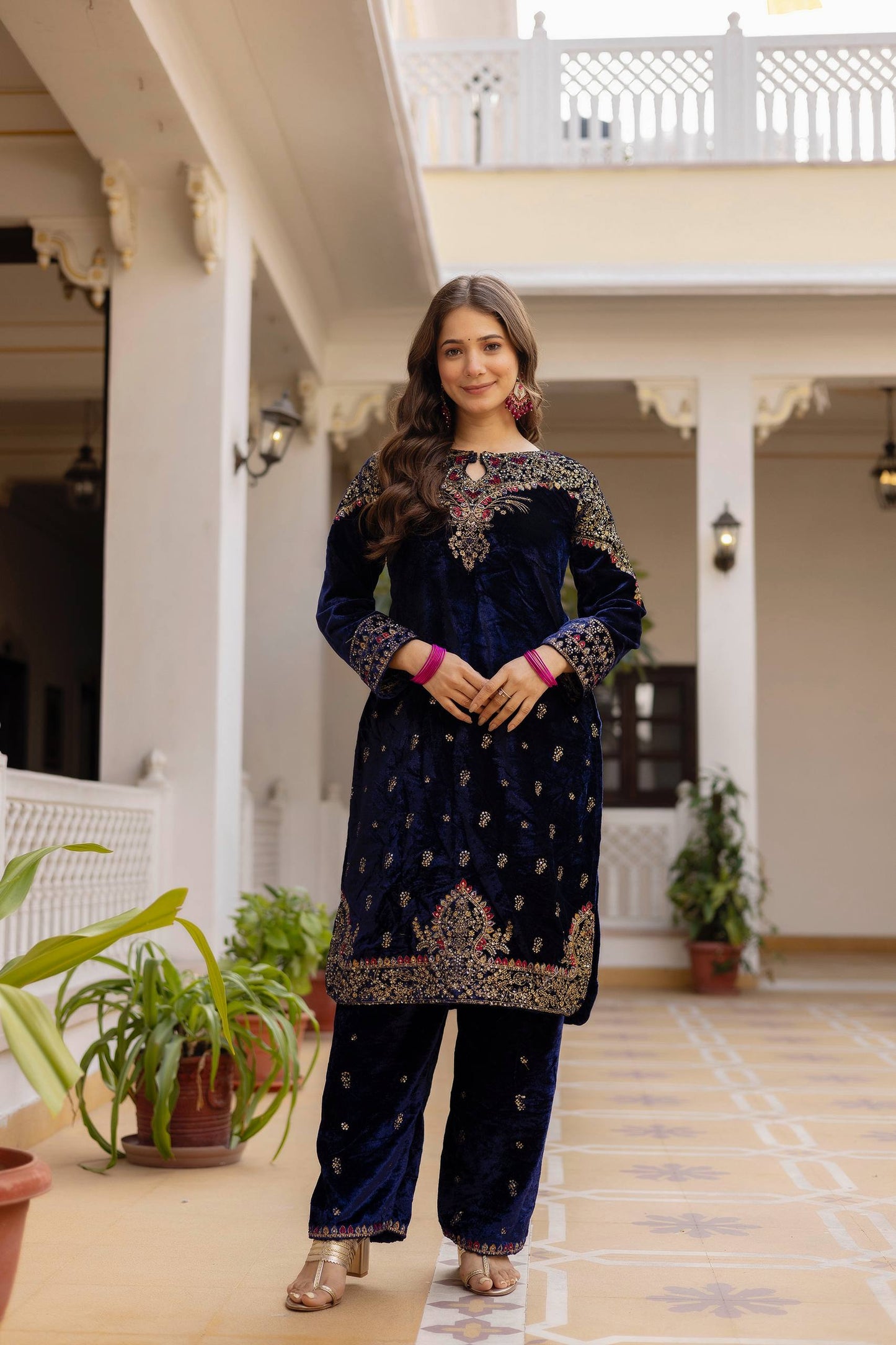 NAVY BLUE COLOR VELVET BASE EMBROIDERED SUIT SET OF 3