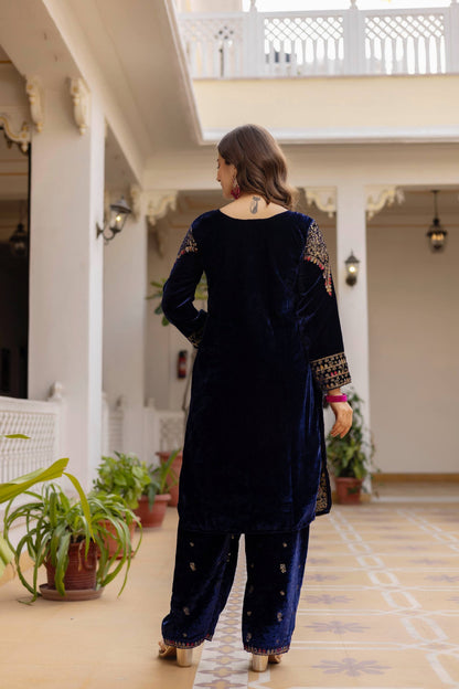 NAVY BLUE COLOR VELVET BASE EMBROIDERED SUIT SET OF 3