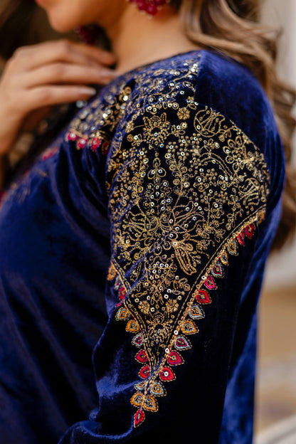 NAVY BLUE COLOR VELVET BASE EMBROIDERED SUIT SET OF 3