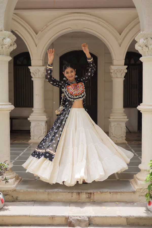 NAVRATRI SPECIAL BLACK COLOR KORA COTTON BASE STYLISH KURTI WITH LEHENGA