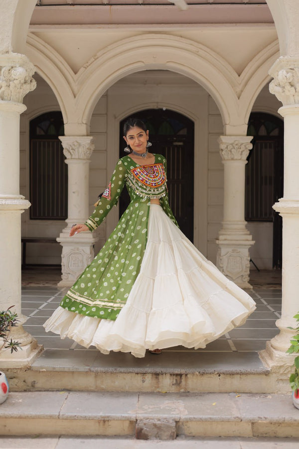 NAVRATRI SPECIAL PARROT GREEN COLOR KORA COTTON BASE STYLISH KURTI WITH LEHENGA