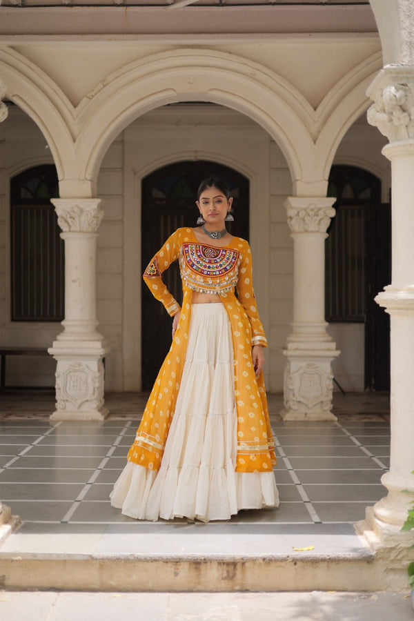 NAVRATRI SPECIAL YELLOW COLOR KORA COTTON BASE STYLISH KURTI WITH LEHENGA