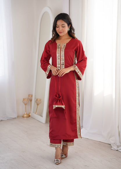 MAROON COLOR READYMADE KURTI PANT WITH BATWA