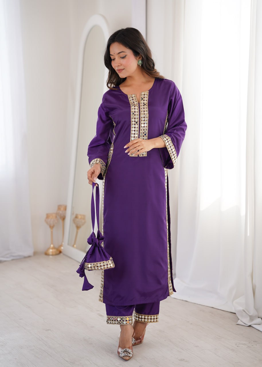 PURPLE COLOR READYMADE KURTI PANT WITH BATWA