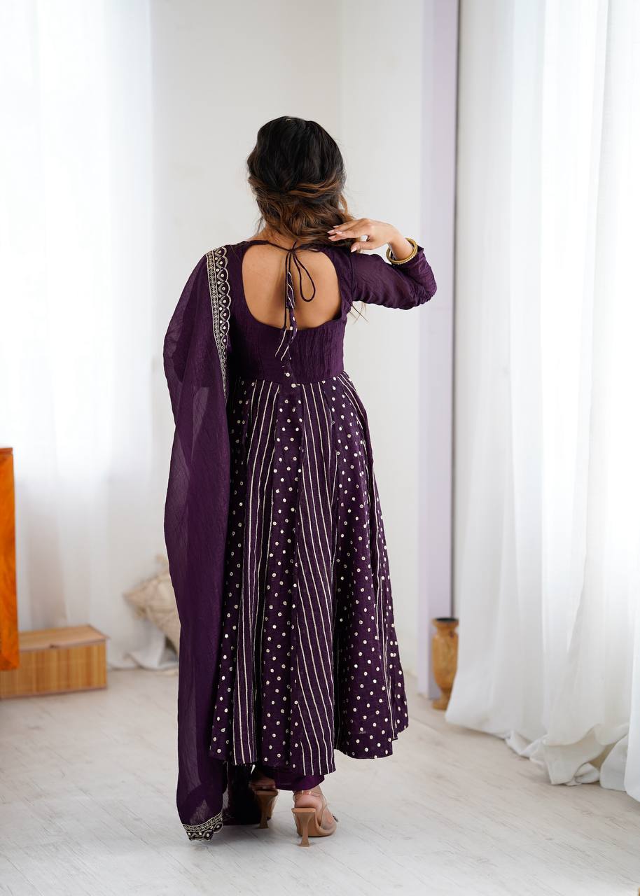 FESTIVE SPECIAL PURPLE COLOR CRUNCHY SILK ANARKALI SUIT SET OF 3