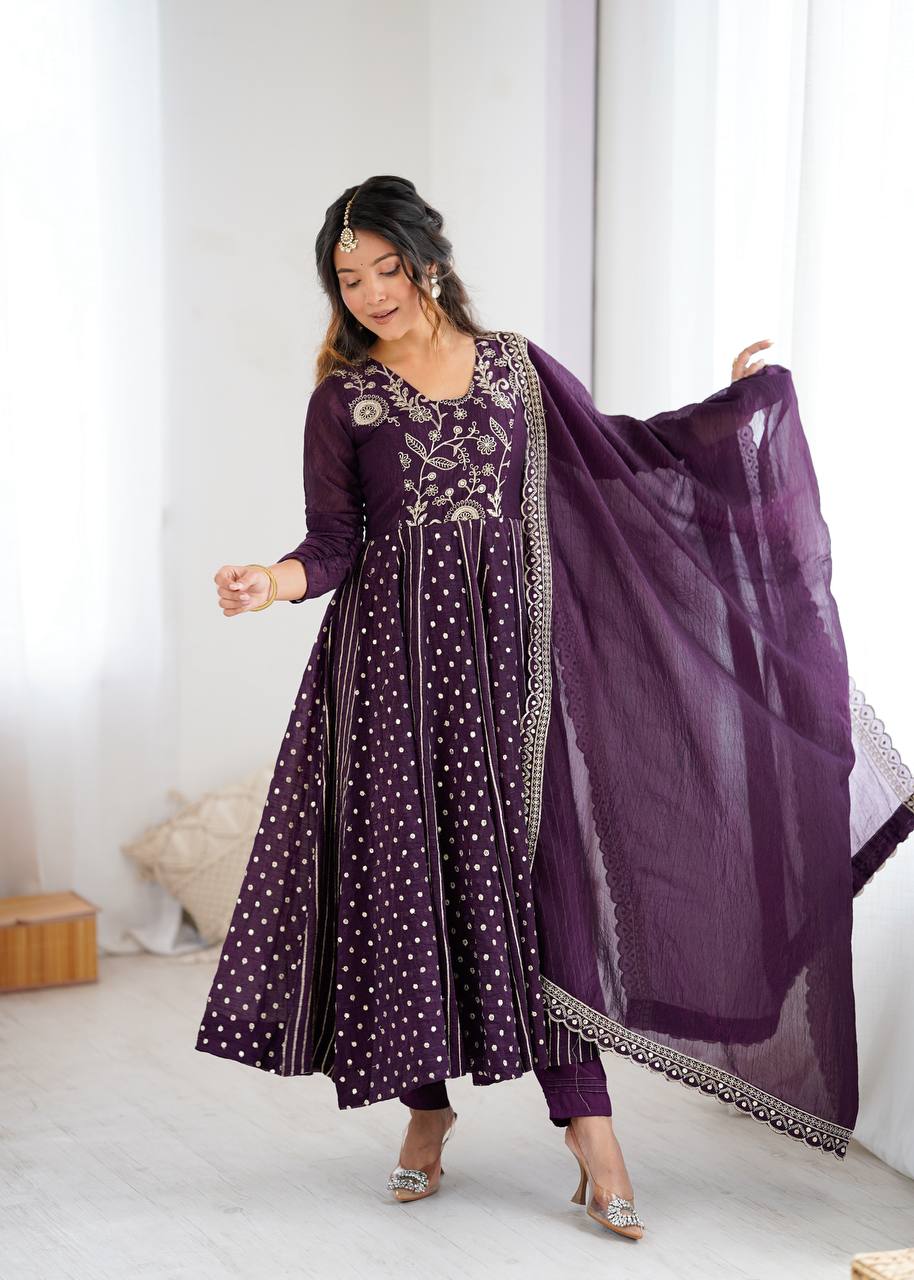FESTIVE SPECIAL PURPLE COLOR CRUNCHY SILK ANARKALI SUIT SET OF 3