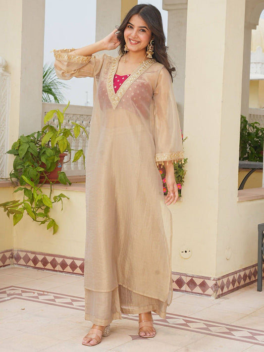 DESIGNER BEIGE TISSUE EMBROIDERED KURTI PALAZZO SET WITH EMBELLISHED CROP TOP