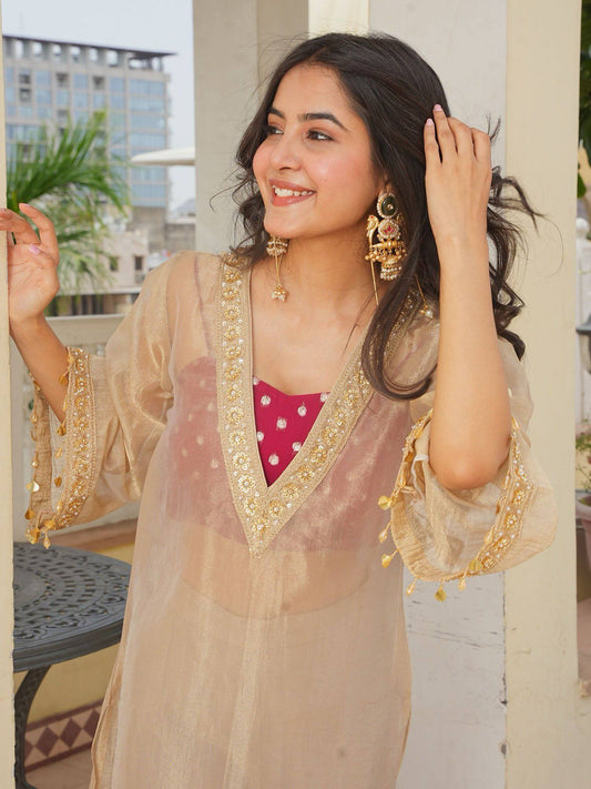DESIGNER BEIGE TISSUE EMBROIDERED KURTI PALAZZO SET WITH EMBELLISHED CROP TOP