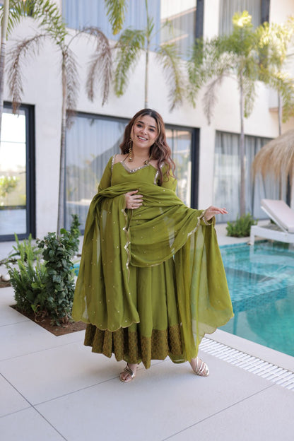 GREEN COLOR MUL CHANDERI FABRIC BASE ANARKALI SUIT SET OF 3