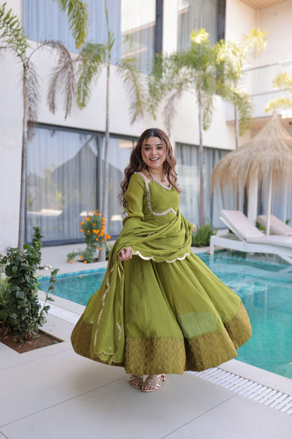 GREEN COLOR MUL CHANDERI FABRIC BASE ANARKALI SUIT SET OF 3