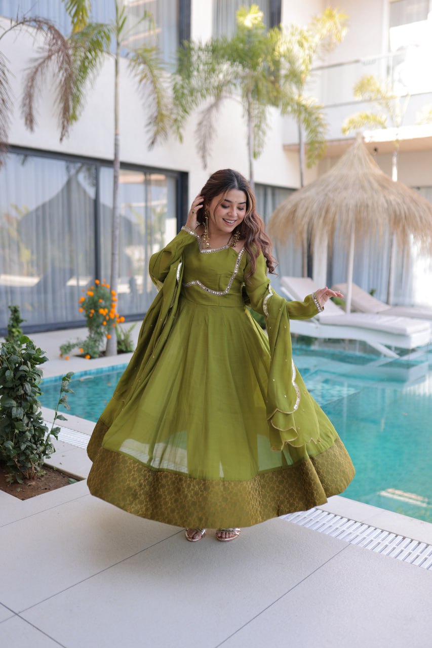 GREEN COLOR MUL CHANDERI FABRIC BASE ANARKALI SUIT SET OF 3
