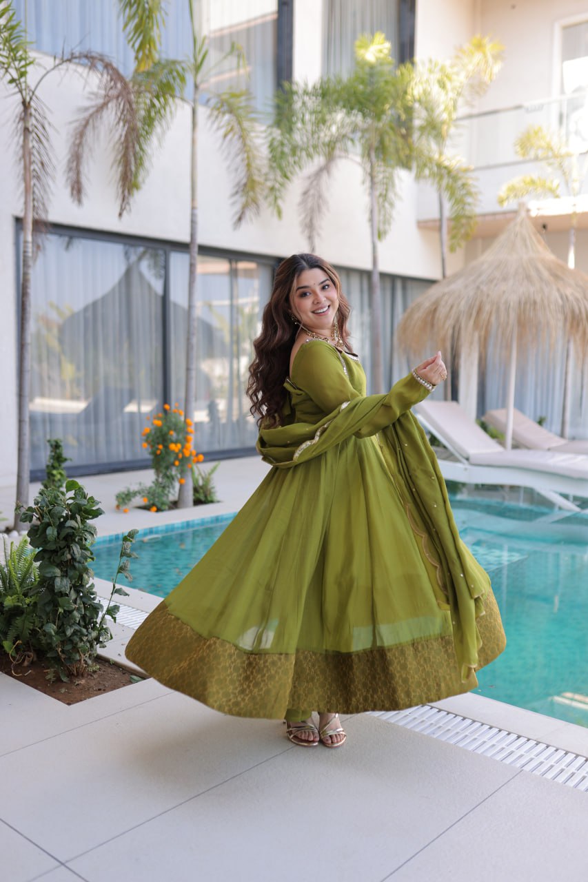 GREEN COLOR MUL CHANDERI FABRIC BASE ANARKALI SUIT SET OF 3