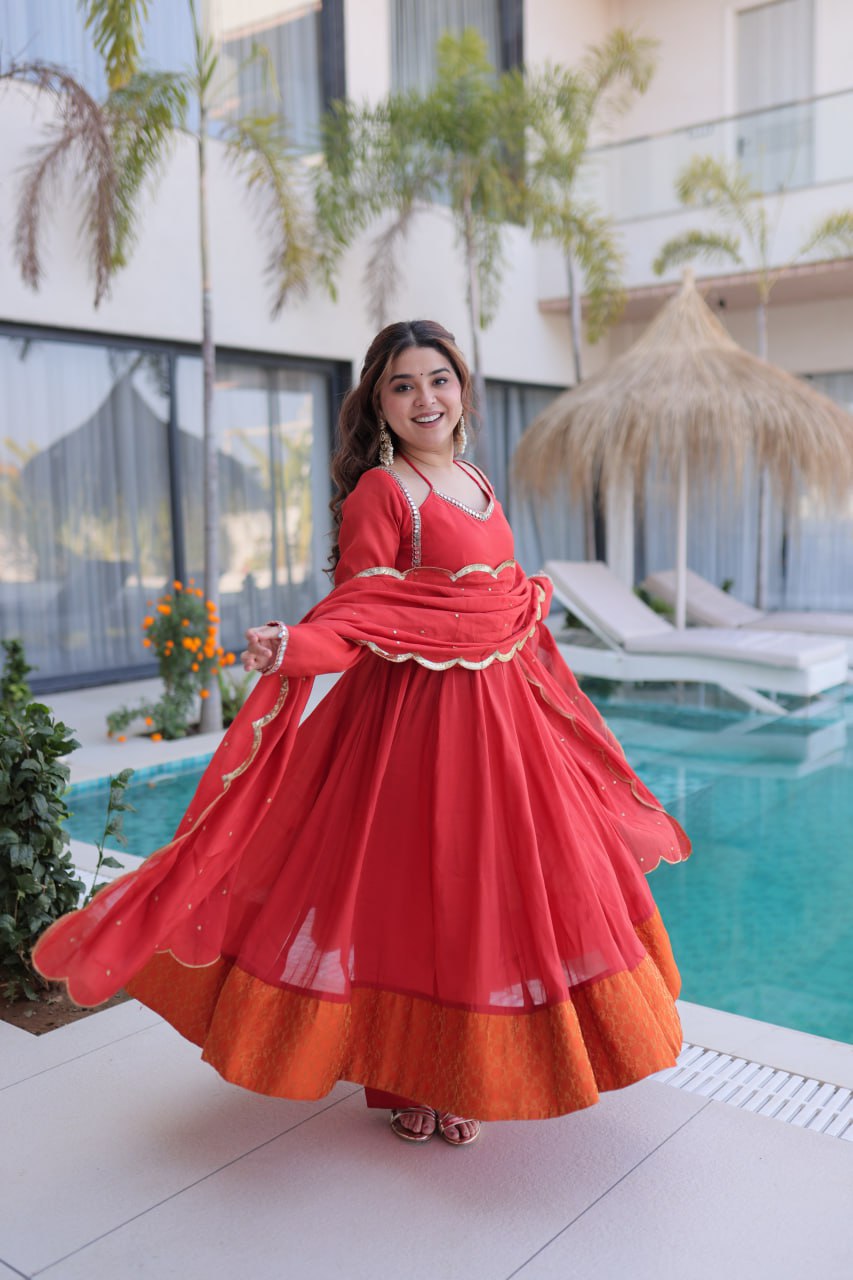 RED COLOR MUL CHANDERI FABRIC BASE ANARKALI SUIT SET OF 3