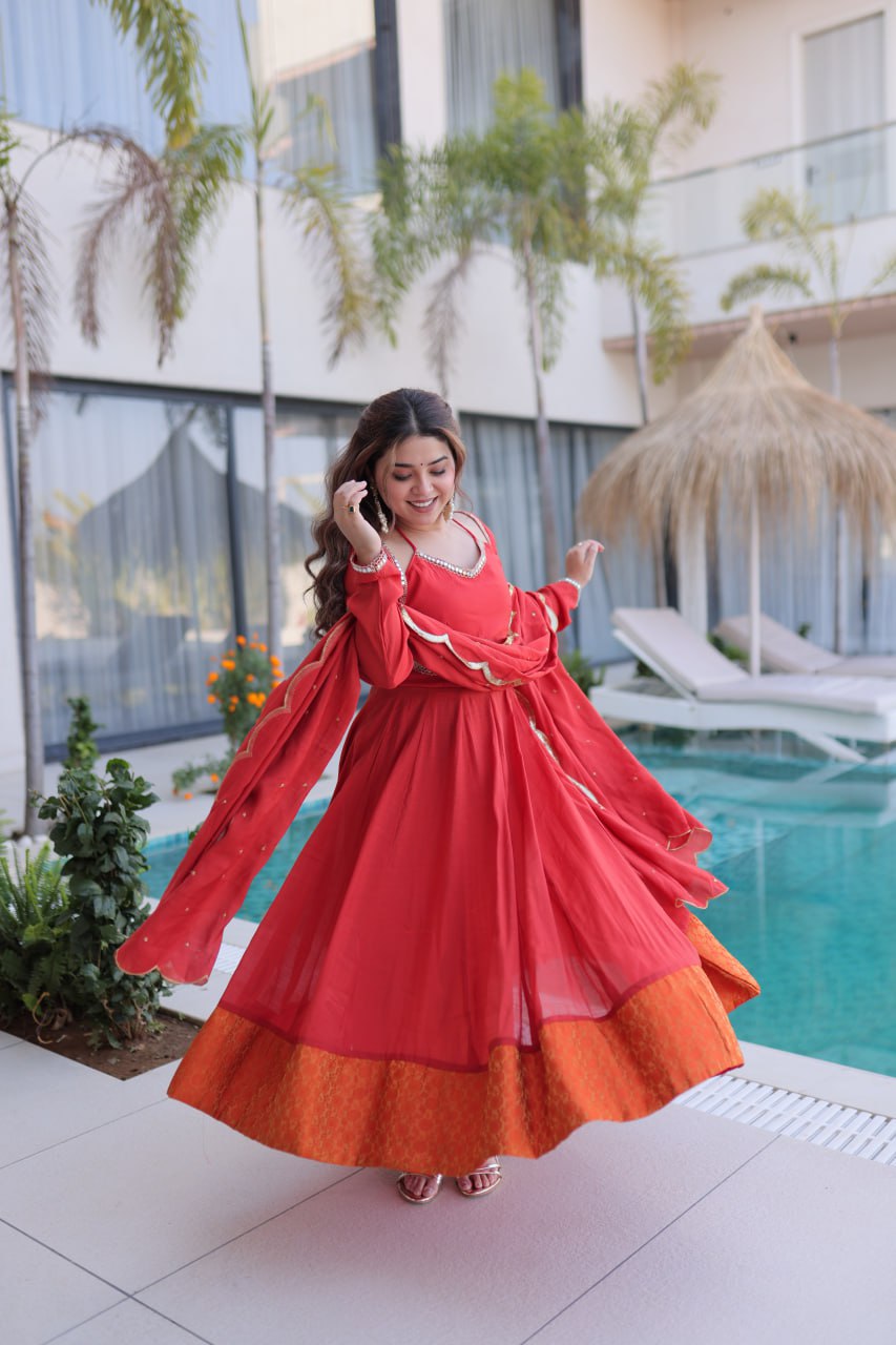 RED COLOR MUL CHANDERI FABRIC BASE ANARKALI SUIT SET OF 3
