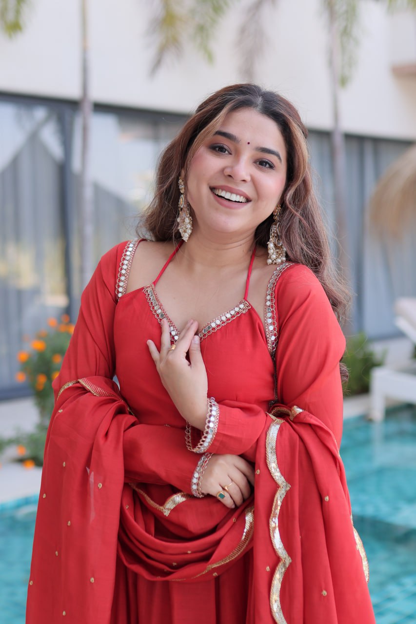 RED COLOR MUL CHANDERI FABRIC BASE ANARKALI SUIT SET OF 3