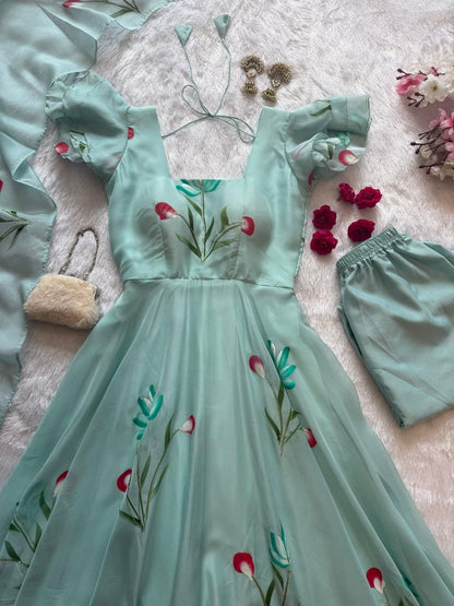 CELESTIAL MINT BLOOM HANDPAINTED ANARKALI SUIT SET