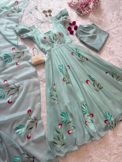 CELESTIAL MINT BLOOM HANDPAINTED ANARKALI SUIT SET
