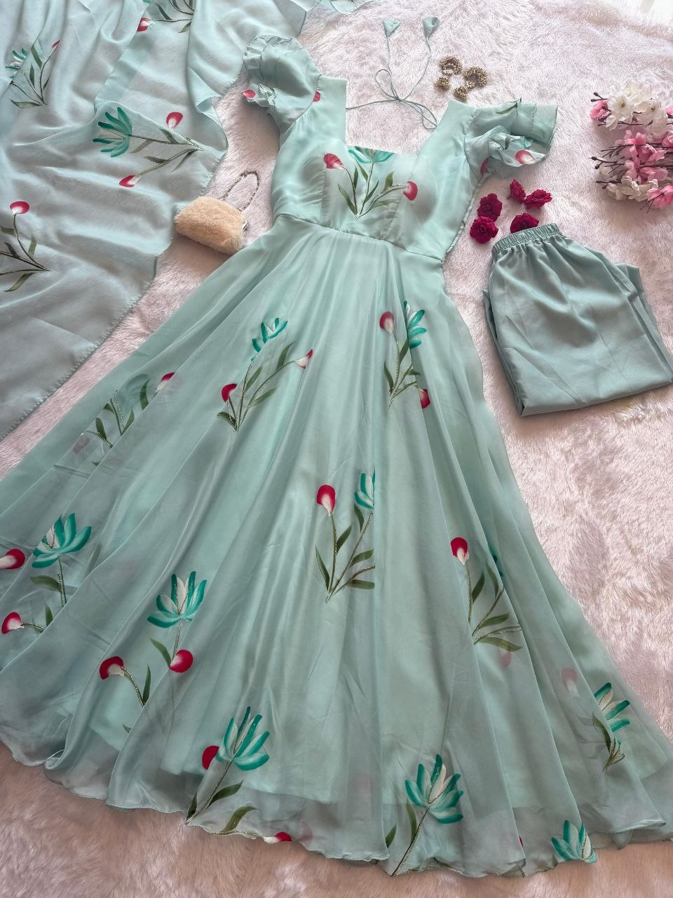 CELESTIAL MINT BLOOM HANDPAINTED ANARKALI SUIT SET